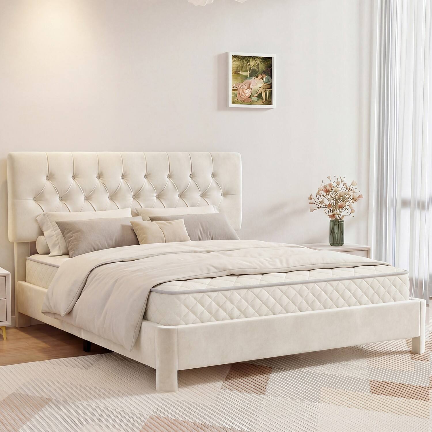 Left. Dyonery - Platform Bed Frame with Upholstered Button Tufted Headboard, Mattress Foundation with Wooden Slat Support - Beige.