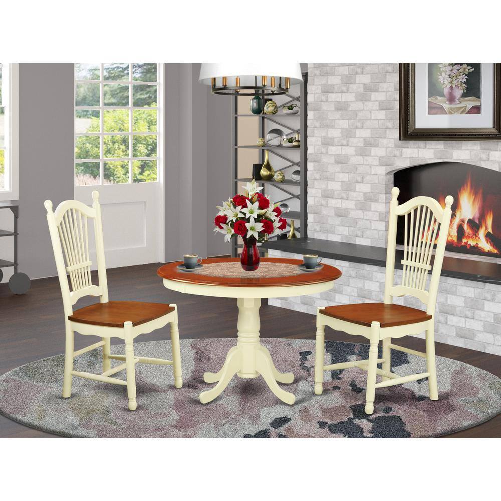 Back. East West Furniture - 3 Pc set with a Round Small Table and 2 Leather Kitchen Chairs in Buttermilk and Cherry . - Buttermilk & Cherry.