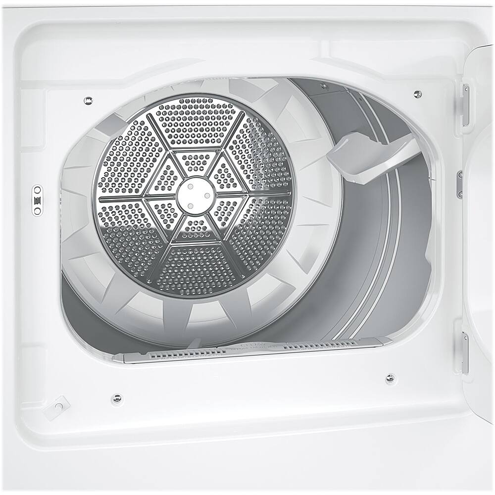 Angle. GE - 7.2 Cu. Ft. 4-Cycle Electric Dryer - White on White with Silver.