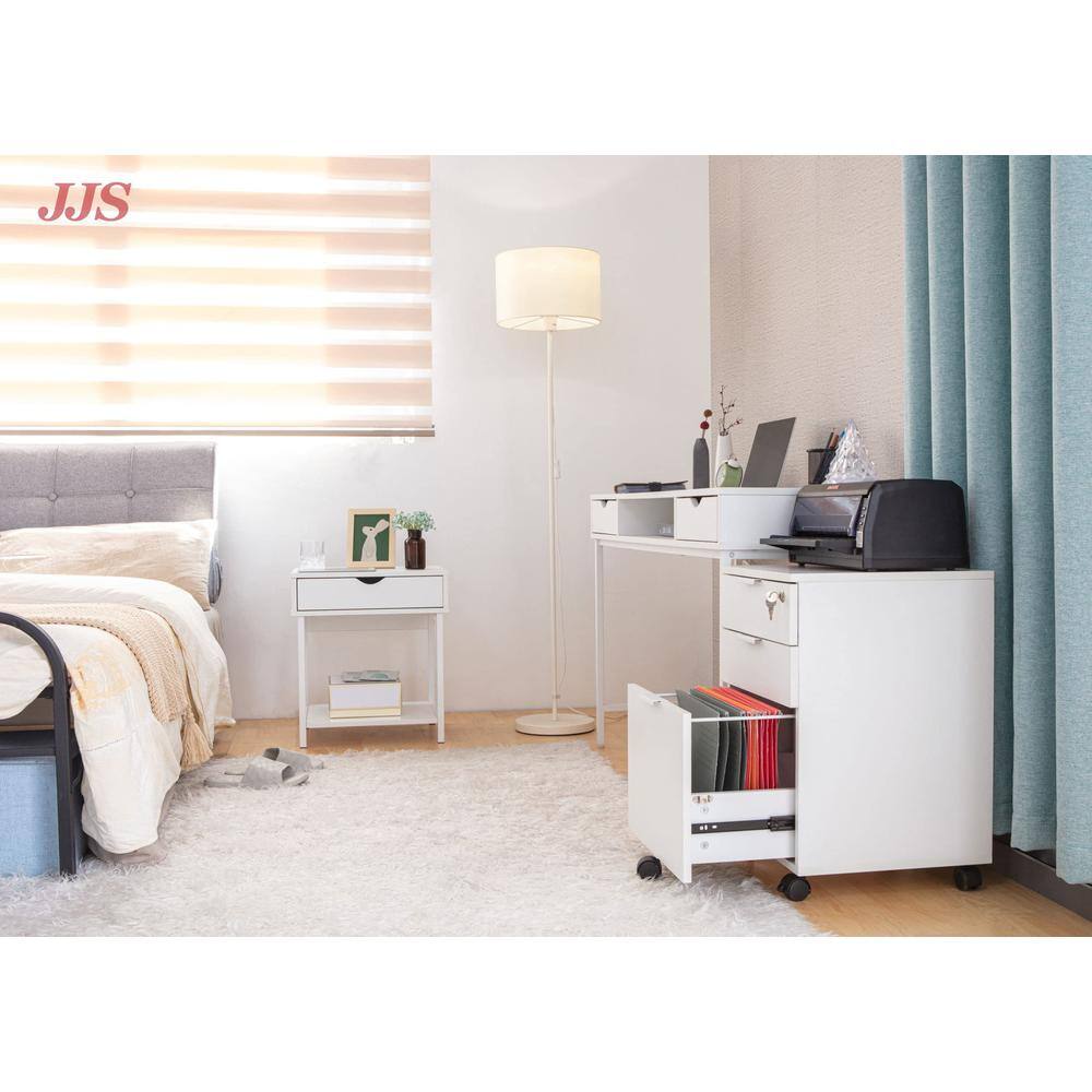Back. JJS - Bedside Table With Drawer And Storage Shelves - White.
