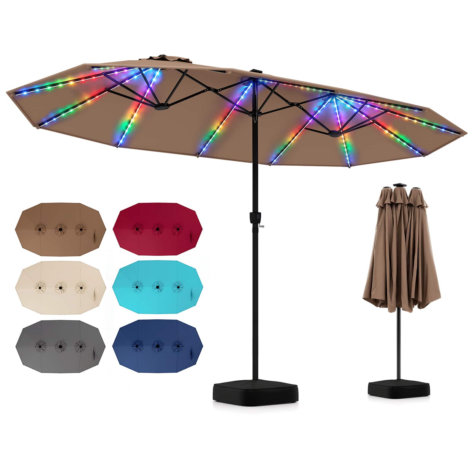 Photos - Parasol Costway 15.5 FT Extra-Large Patio Umbrella with Base Included, 12 Ribs, 12 Light Modes - Brown HCST16932