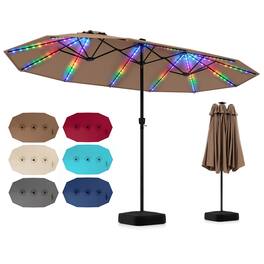 Costway - 15.5 FT Extra-Large Patio Umbrella with Base Included, 12 Ribs, 12 Light Modes - Brown