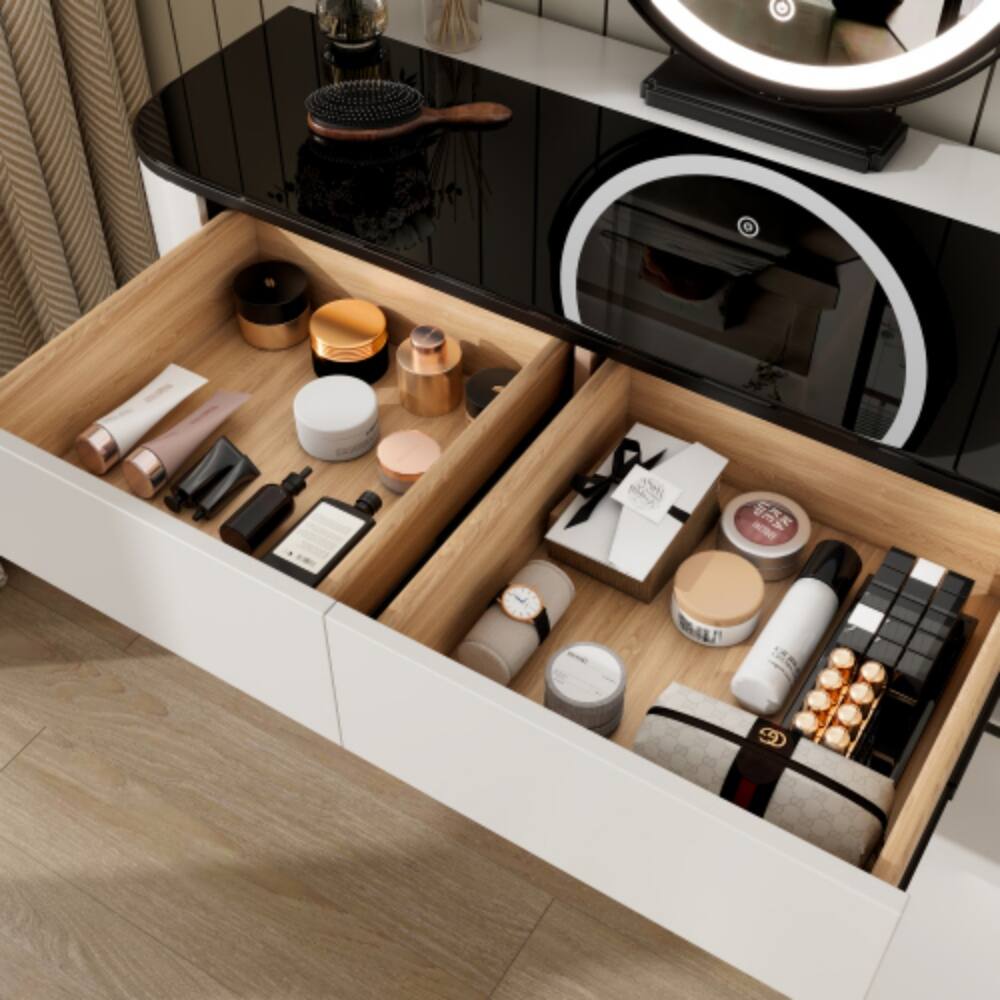 Alt View 2. LUCKY ONE - 39.4in Freestanding Vanity Table with Glass Top, Storage Cabinet and Mirror for Bedroom - White.