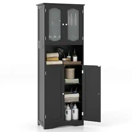 Front. Ecooso - 64.5 Inch Tall Bathroom Storage Cabinet with Frost Glass Doors and Multiple Shelves - Black.