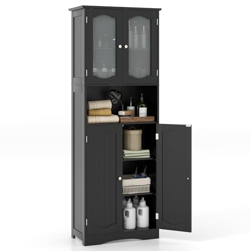 Front. Ecooso - 64.5 Inch Tall Bathroom Storage Cabinet with Frost Glass Doors and Multiple Shelves - Black.