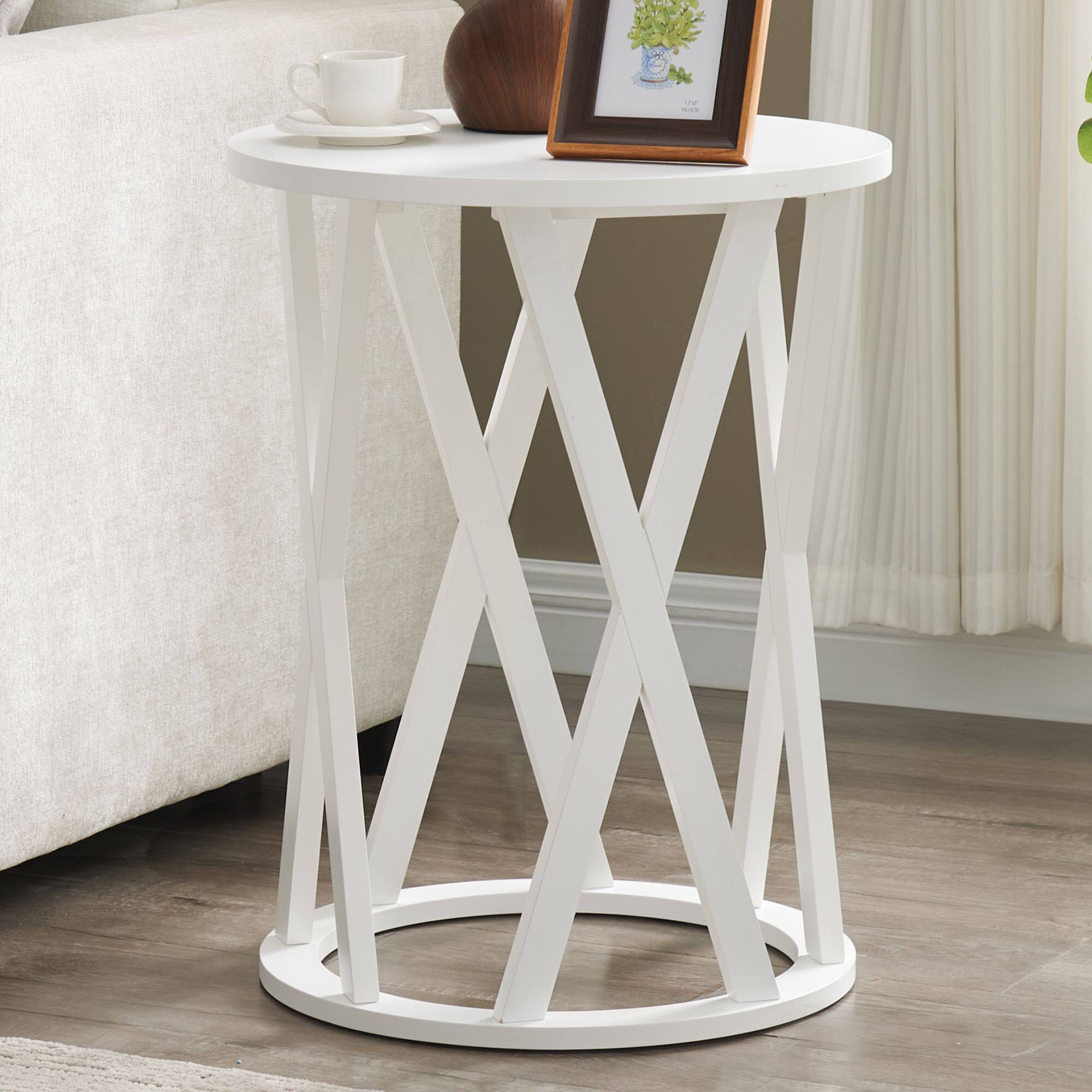 Kings Brand Furniture - Emma Side End Table - Modern Round Farmhouse Accent Table - White