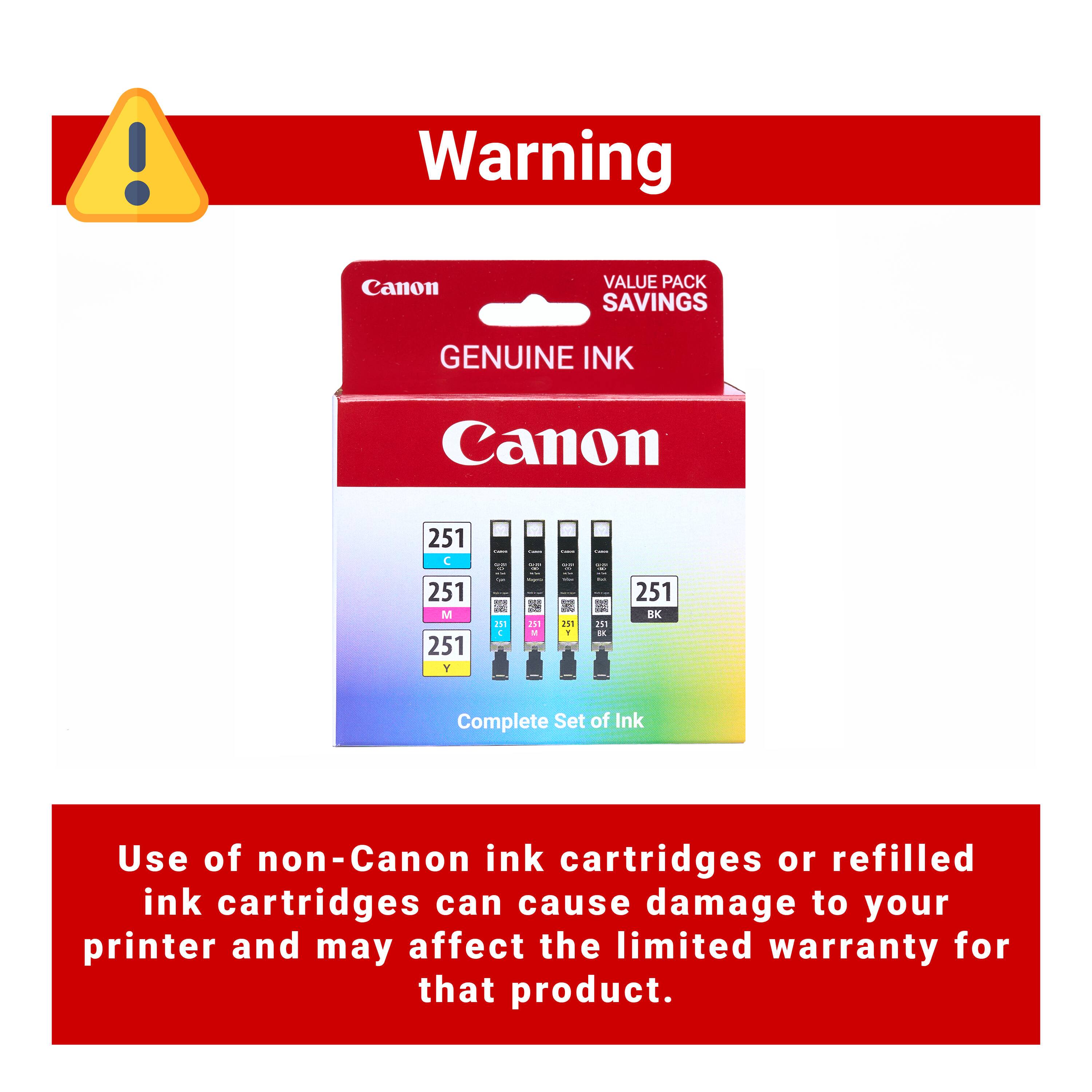 Warning Canon Value Pack Savings Genuine Ink Canon 251 C, M, Y, P, L, BK Complete Set of Ink. Use of non-Canon ink cartridges or refilled ink cartridges can cause damage to your printer and may affect the limited warranty for that product.