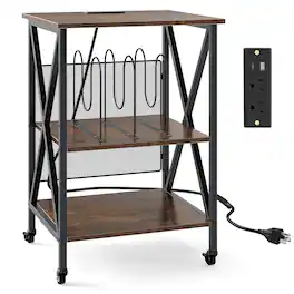 Costway - 3-tier Record Player Stand with Metal Dividers Adjustable Shelf & Power Outlets - Brown