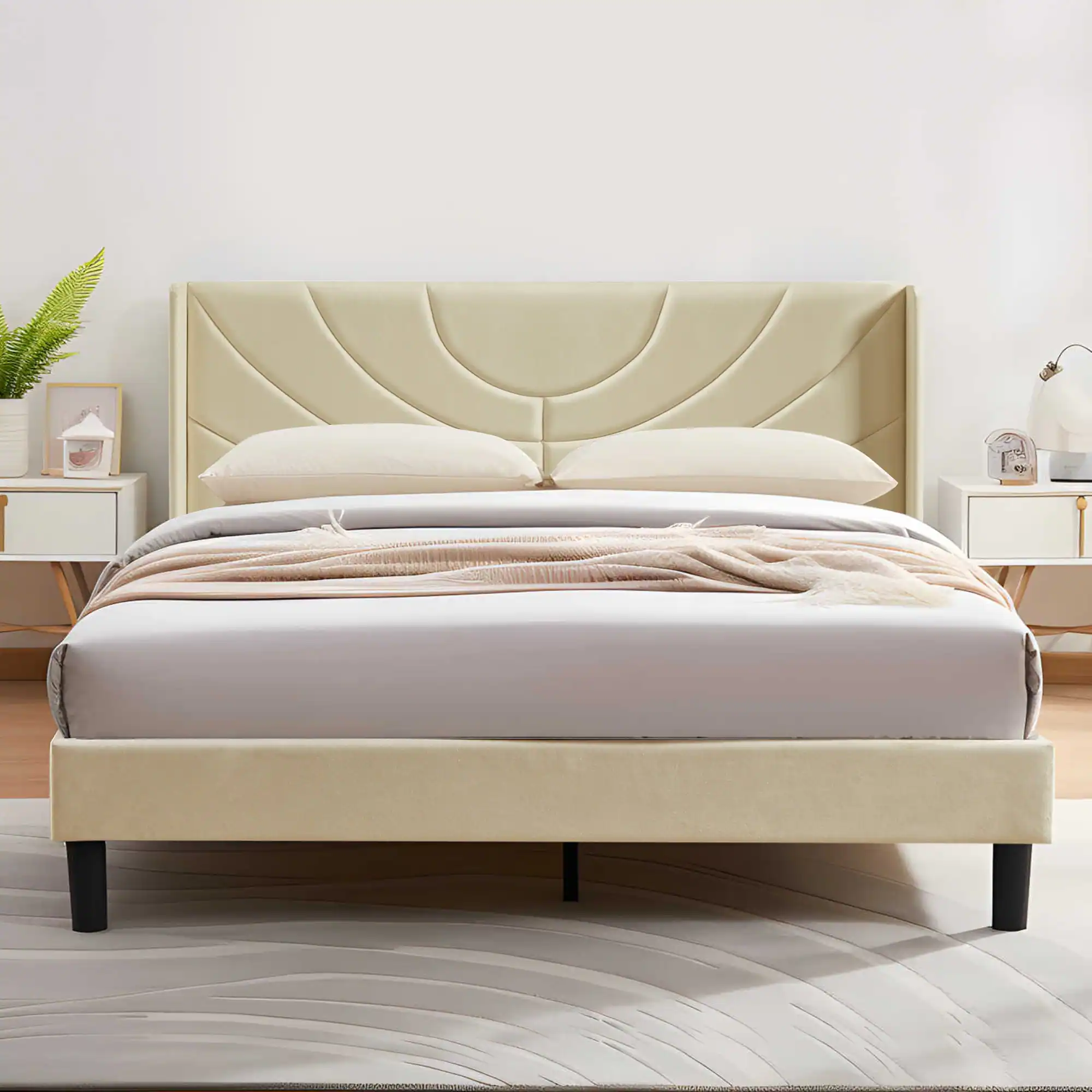 Vecelo - Upholstered Platform Queen Bed Frame with Fabric Headboard,Wooden Slats Support/No Box Spring Needed/Mattress Foundation - Beige