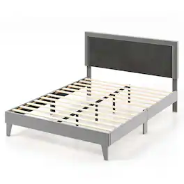 Costway - Queen Size Bed Frame Upholstered Platform Velvet Headboard Wooden Slats - Gray