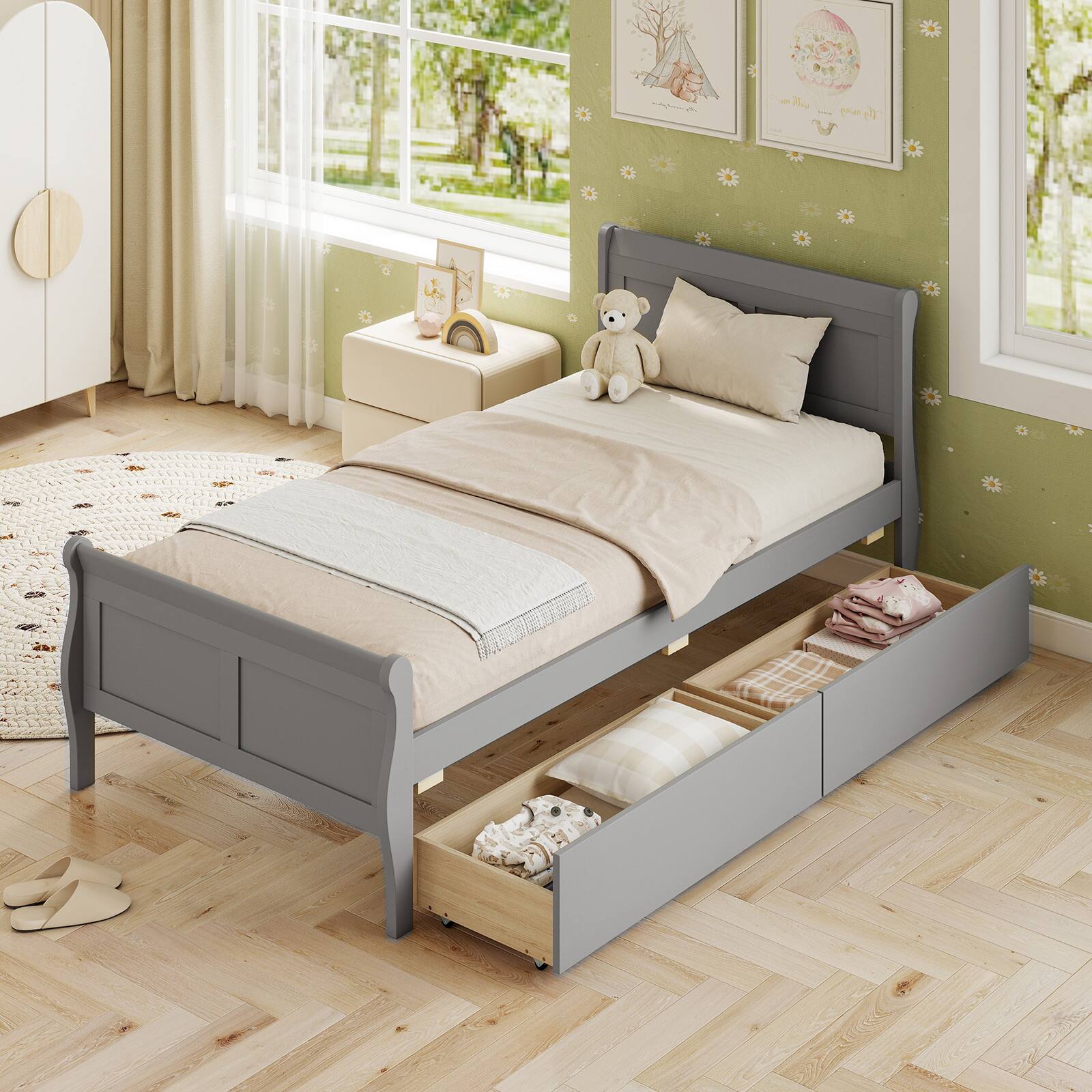 Alt View 1. Costway - Costway Twin Size Sleigh Bed with 2 Storage Drawers, Headboard & Footboard, Wooden Slat - Gray.