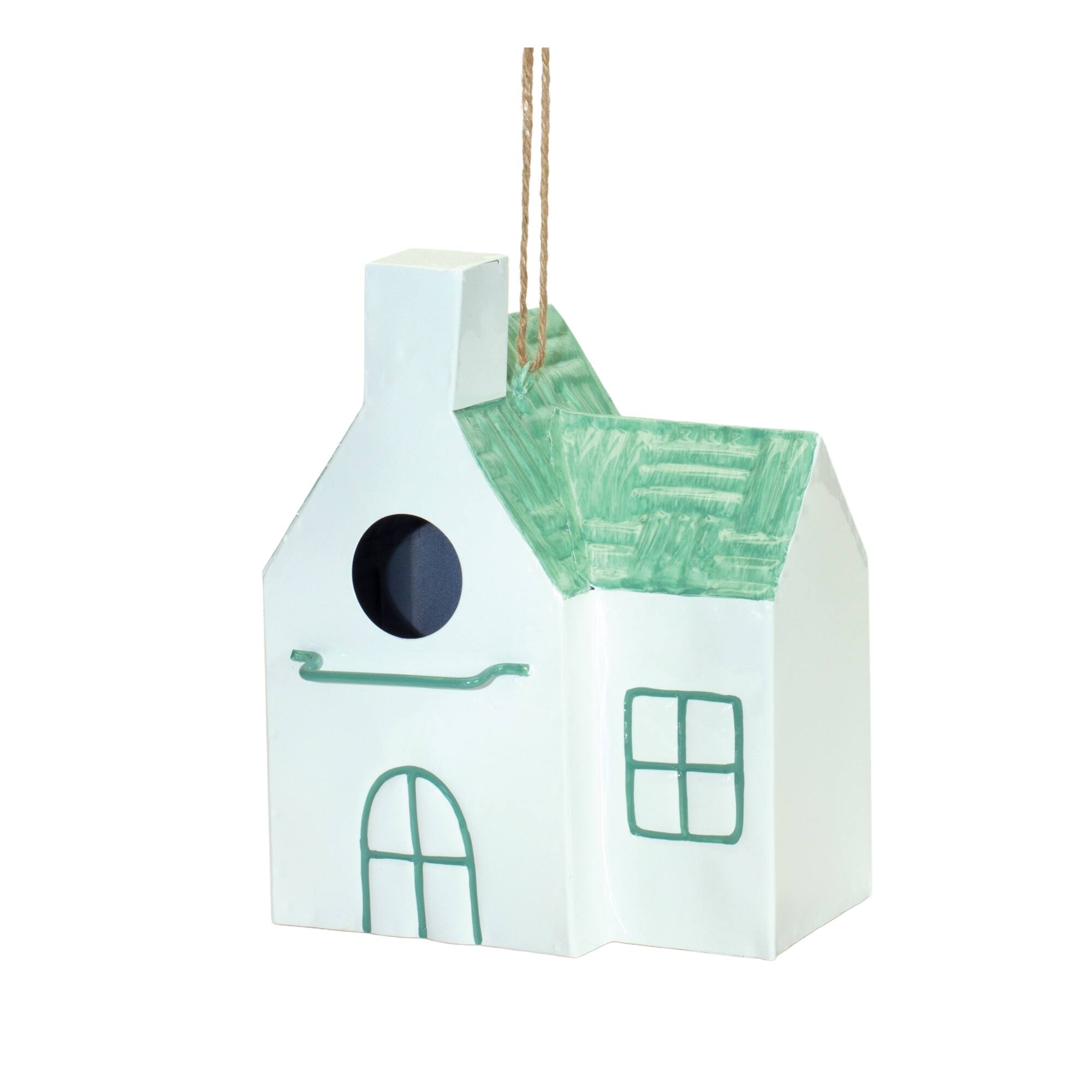 Left. BreeBe - Hanging Metal Bird House Garden Decor (Set of 3) - Blue, White, Green.