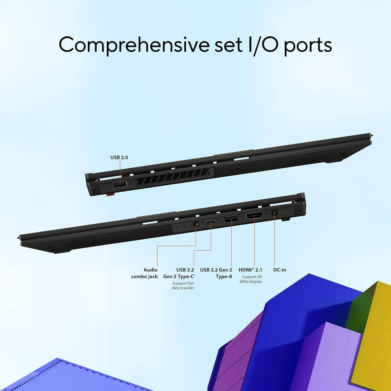 Comprehensive set I/O ports

- USB 2.0
- Audio combo jack
- USB 3.2 Gen 2 Type-C (Support fast data transfer)
- USB 3.2 Gen 2 Type-A
- HDMI 2.1 (Support 4K 60Hz display)
- DC-in