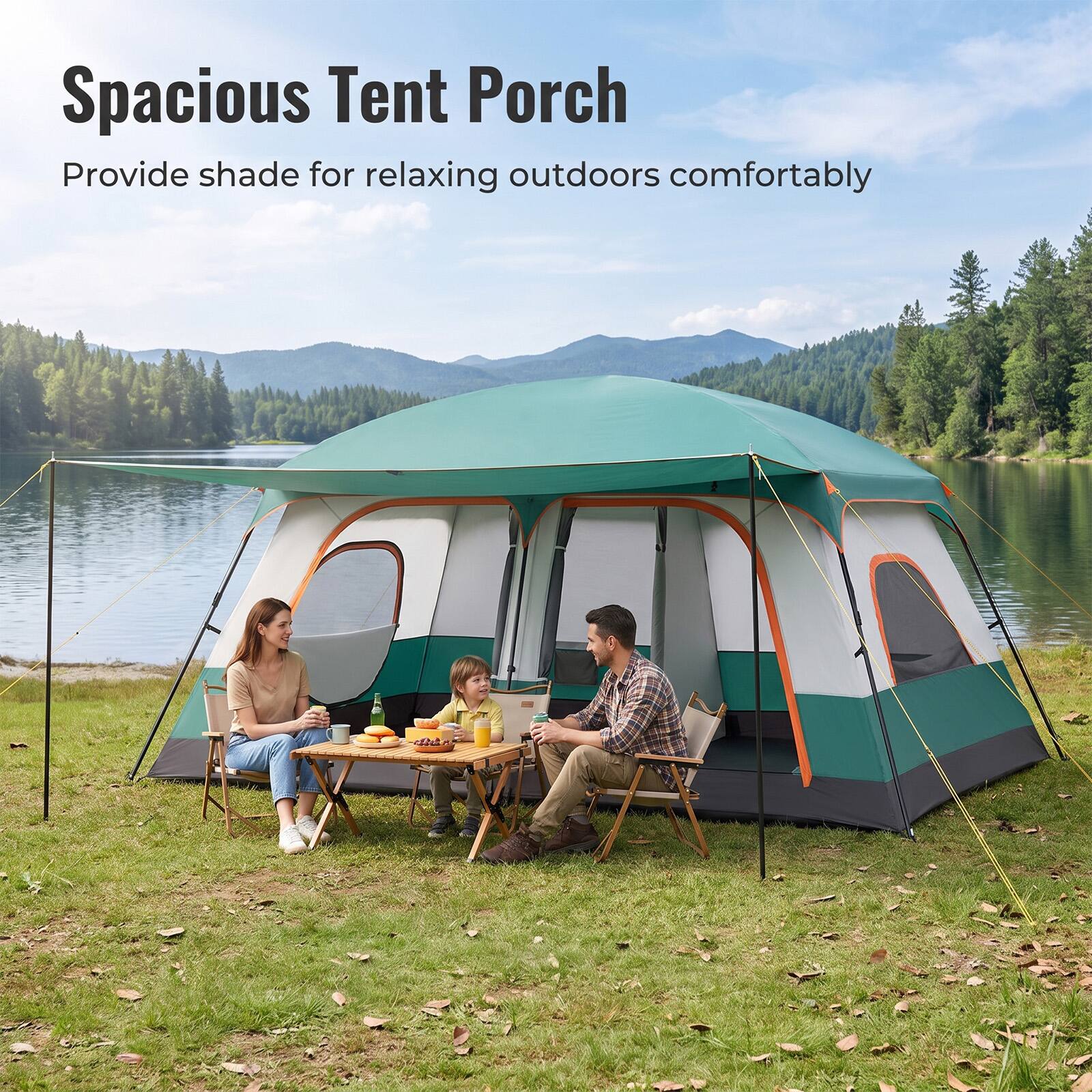 Spacious Tent Porch  
Provide shade for relaxing outdoors comfortably