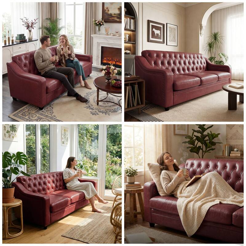 Alt View 2. Dyonery - Dyonery 78" Faux Leather Sofa Couch with Solid Wood Legs, Modern Tufted 3-Seater Sofa,Vintage Button-Tufted Sofa - Red.