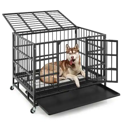 Front. WELLFOR - 38 in Heavy Duty Dog Crates with Lockable Wheels and Doors, Foldable Metal Dog Cage with Tray, Dog Kennel for Indoor - Black.