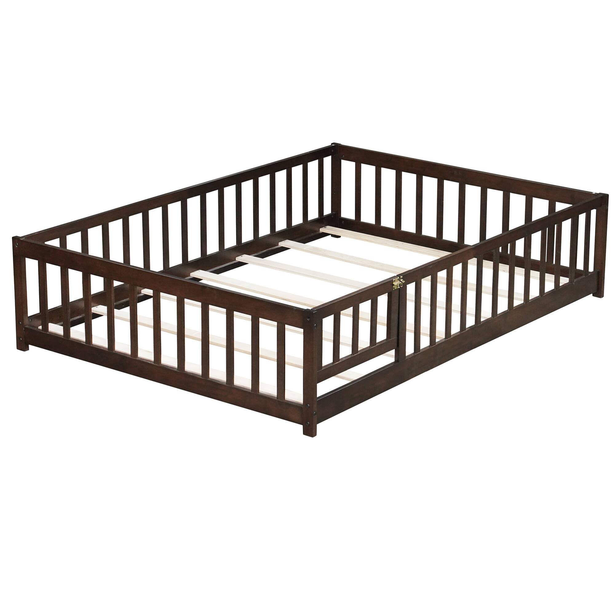 Alt View 6. GOODSILO - Full Size Low Profile Children's Floor Bed with Safety Guardrails and Entry Door, Solid Wood Construction - Espresso.