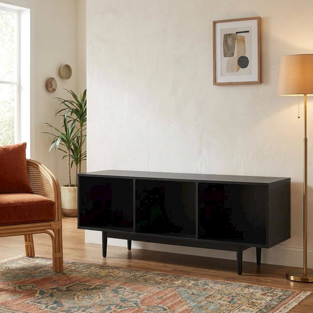 Alt View 5. FurniFact - Black Wide Record Player Stand with Extended Vinyl Storage - Black.
