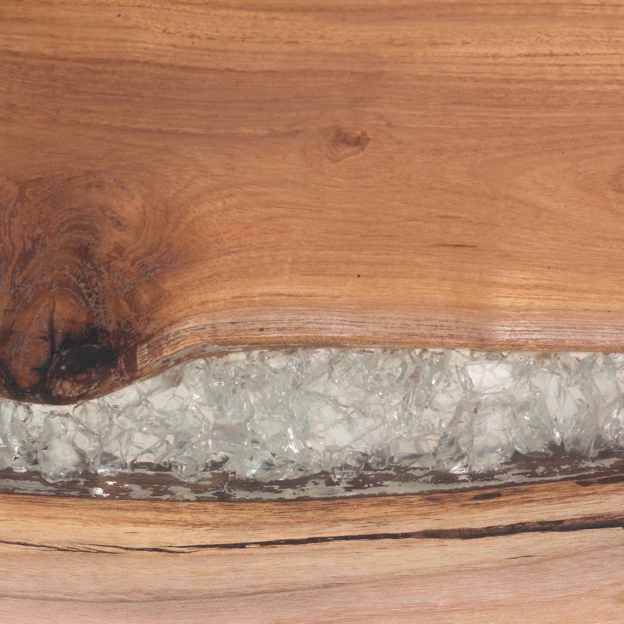 Alt View 2. bali & pari - Apio Wood Epoxy Resin Console Table with Glass Inlay - Rectangular Teak Wood with Black Metal Base - Natural Brown/White/Black.