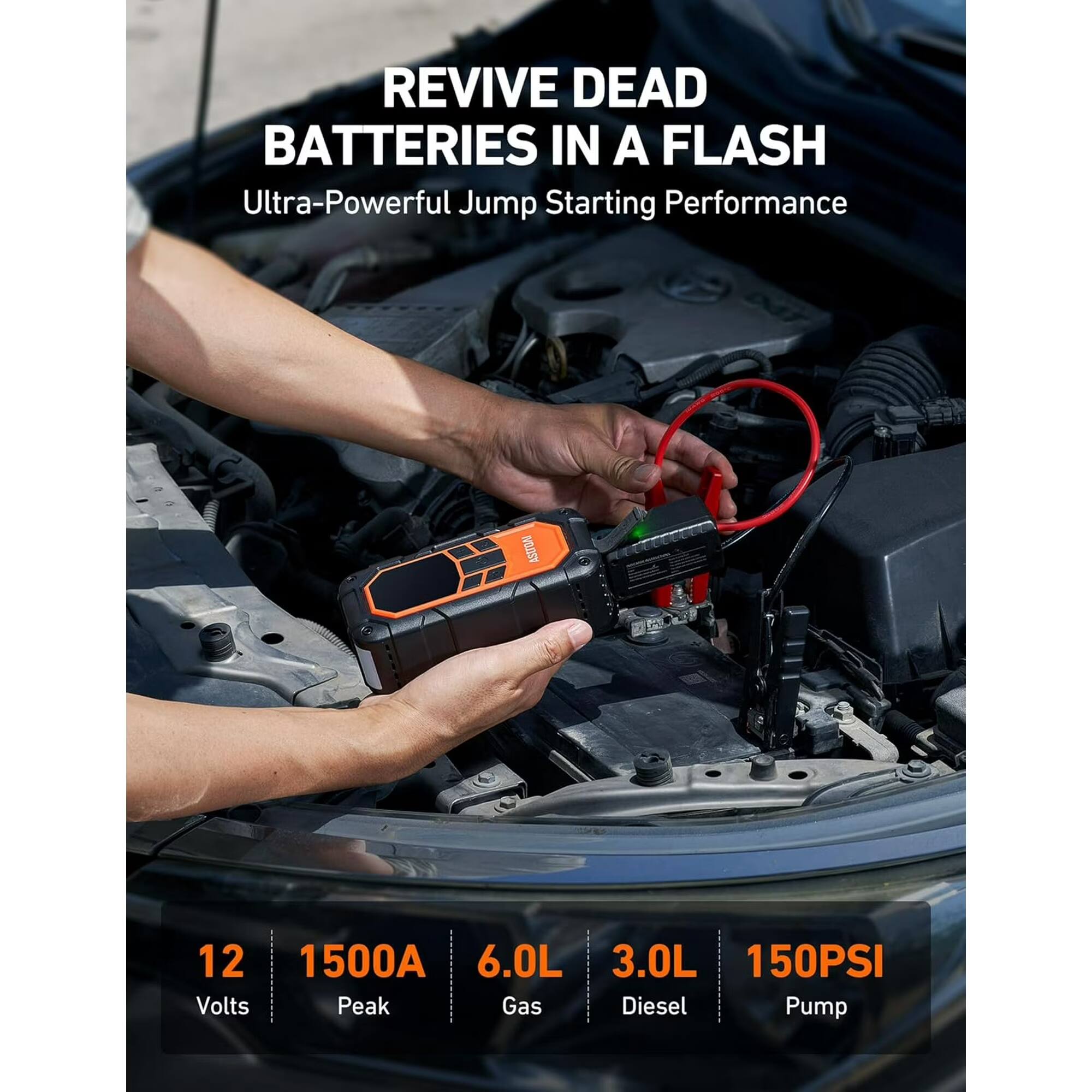 REVIVE DEAD BATTERIES IN A FLASH  
Ultra-Powerful Jump Starting Performance  

ASUTGAN  
12 Volts  
1500A Peak  
6.0L Gas  
3.0L Diesel  
150PSI Pump