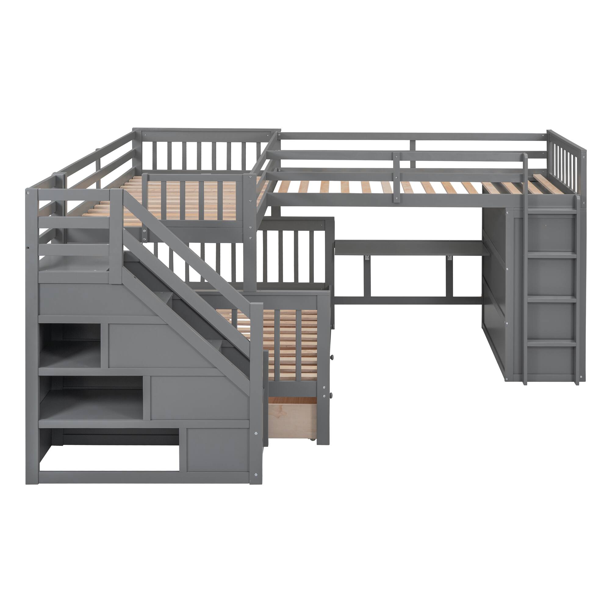 Alt View 9. Tiramisubest - Twin-Twin Full L-Shaped Bunk Bed with 3 Drawers, Desk & Wardrobe, Gray - Gray.