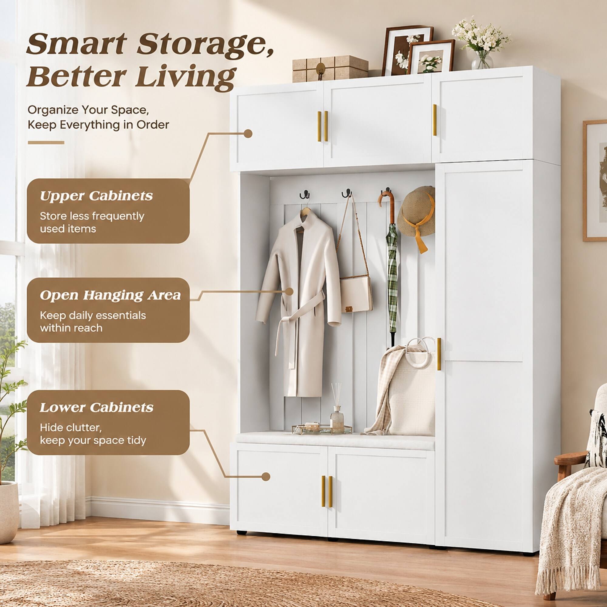 Smart Storage, Better Living  
Organize Your Space, Keep Everything in Order  

Upper Cabinets  
Store less frequently used items  

Open Hanging Area  
Keep daily essentials within reach  

Lower Cabinets  
Hide clutter, keep your space tidy
