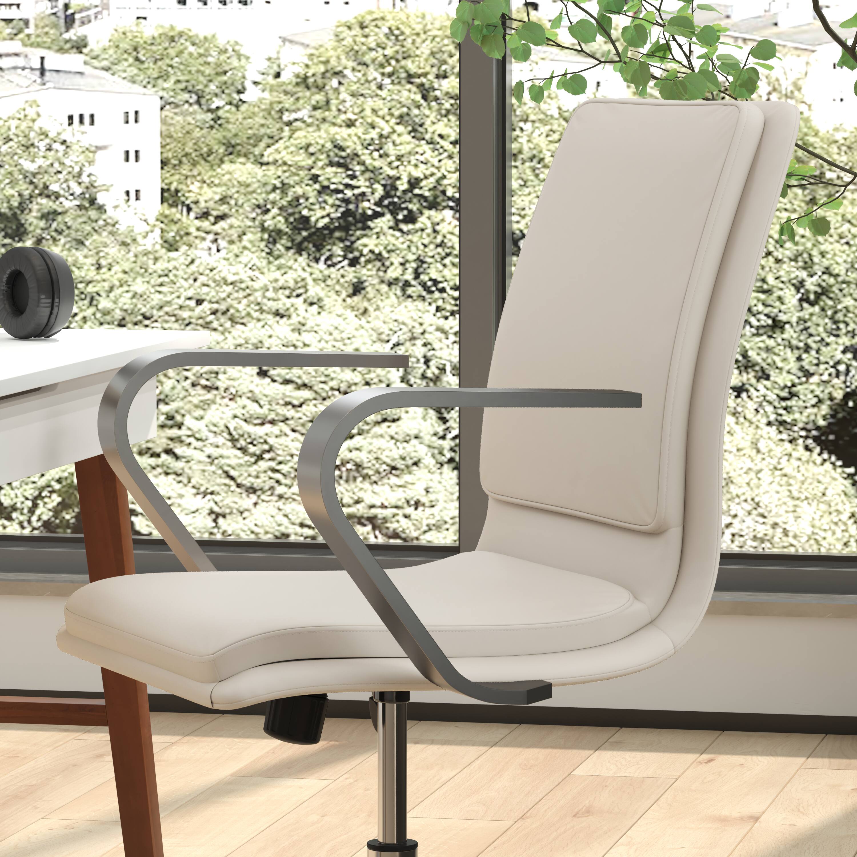 Alt View 4. Emma + Oliver - Ziva Modern Upholstered Mid-Back Home Office Chair with Arms and 5 Star Base - Taupe LeatherSoft/Chrome Frame.