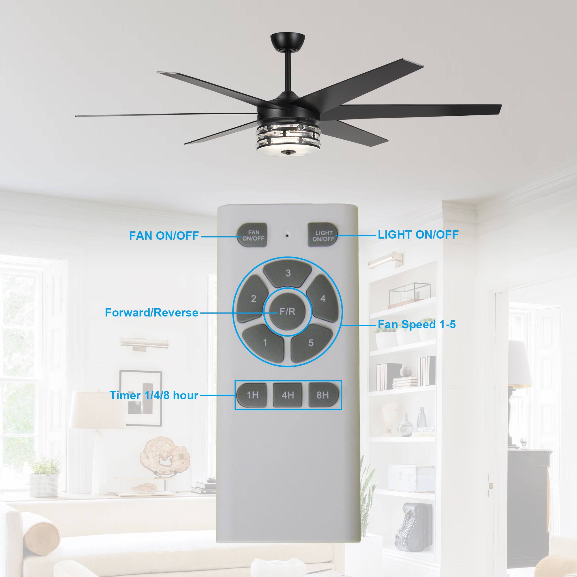 - FAN ON/OFF
- LIGHT ON/OFF
- Forward/Reverse
- Fan Speed 1-5
- Timer 1/4/8 hour
- 1H
- 4H
- 8H
