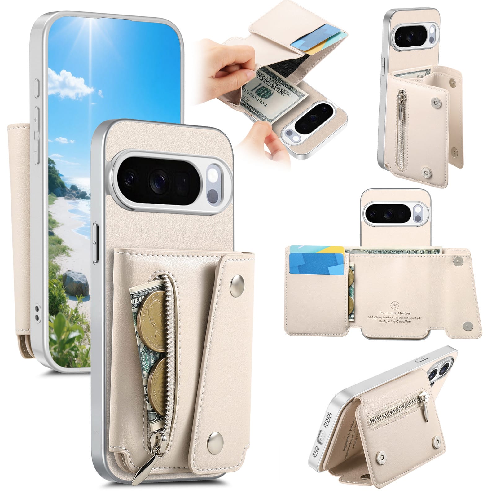 Dteck - PU Leather Wallet Case for Google Pixel 10 Pro XL, Shockproof Kickstand Phone Cover with Card Slots and Zipper Pocket - Beige price history on PriceWatchPro