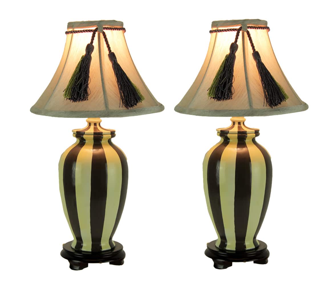 Things2Die4 - Vertical Striped Small Ceramic Table Lamp with Tassel Shade (Set of 2) - Yellow