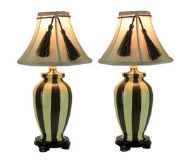 Things2Die4 - Vertical Striped Small Ceramic Table Lamp with Tassel Shade (Set of 2) - Yellow