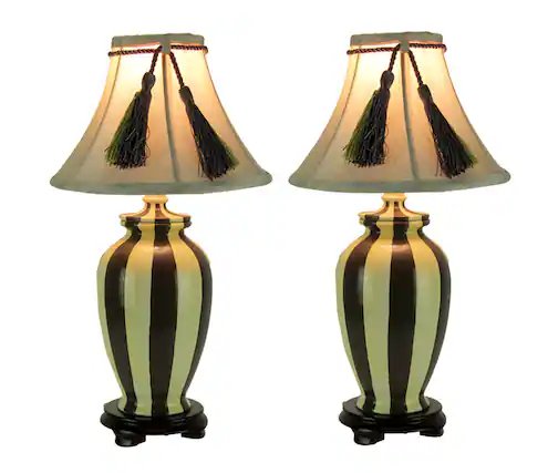 Front. Things2Die4 - Vertical Striped Small Ceramic Table Lamp with Tassel Shade (Set of 2) - Yellow.