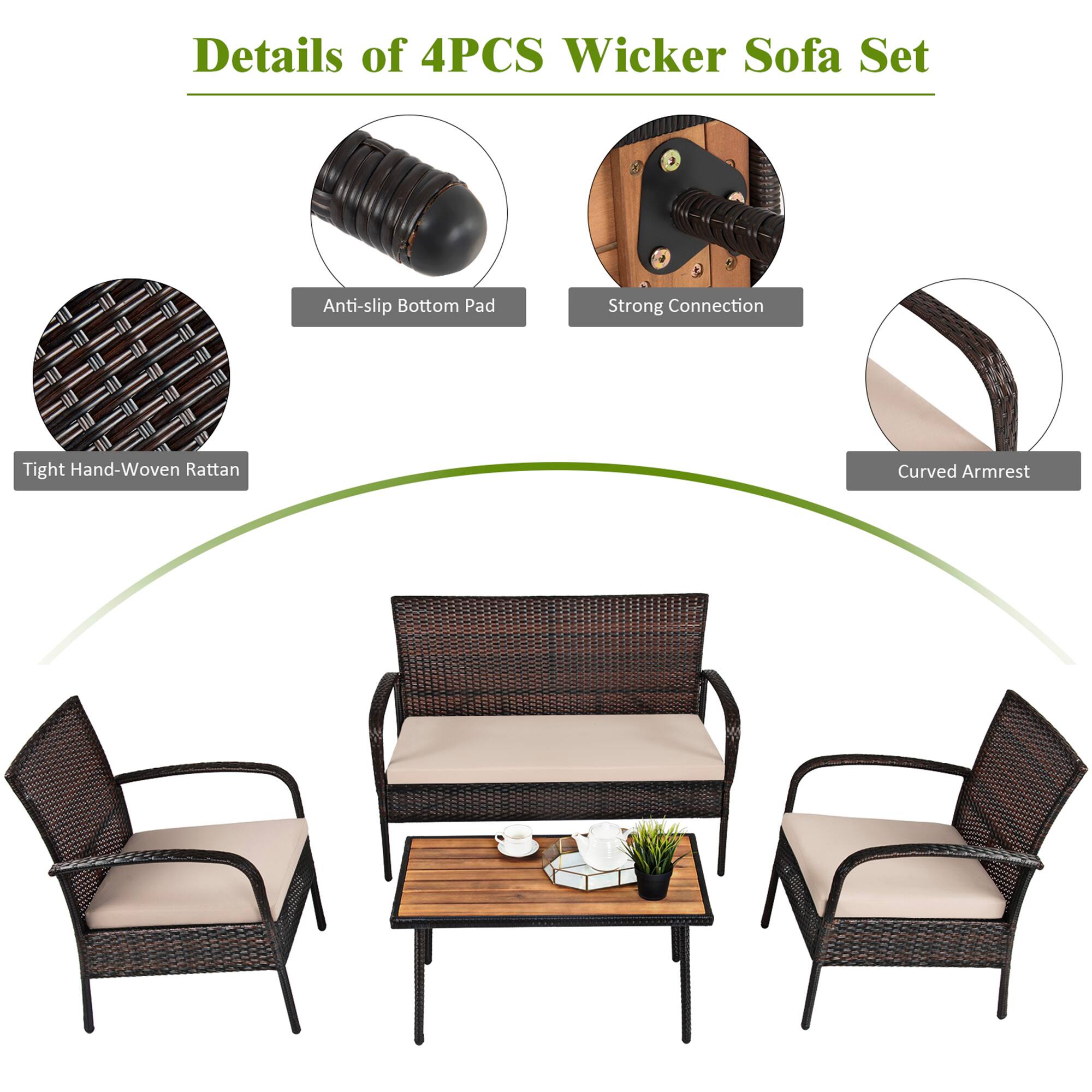 Details of 4PCS Wicker Sofa Set

Anti-slip Bottom Pad
Strong Connection
Tight Hand-Woven Rattan
Curved Armrest