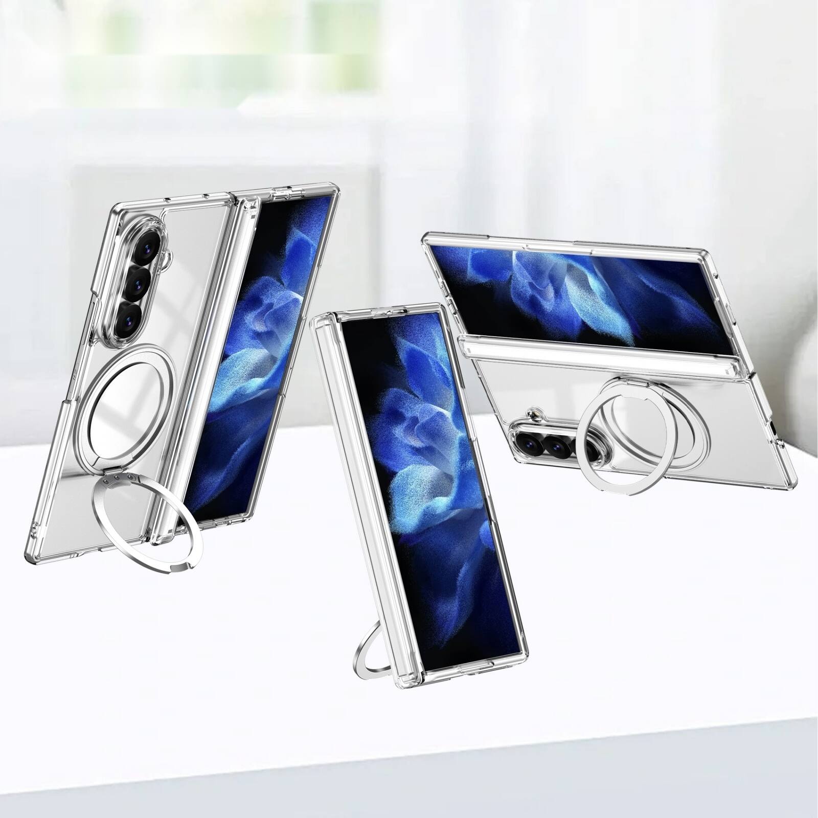 Angle. Dteck - Shockproof Case for Samsung Galaxy Z Fold8 Ultra with Stand, Magnetic PC Cover Built in Screen Film and Hinge Protection - Clear.