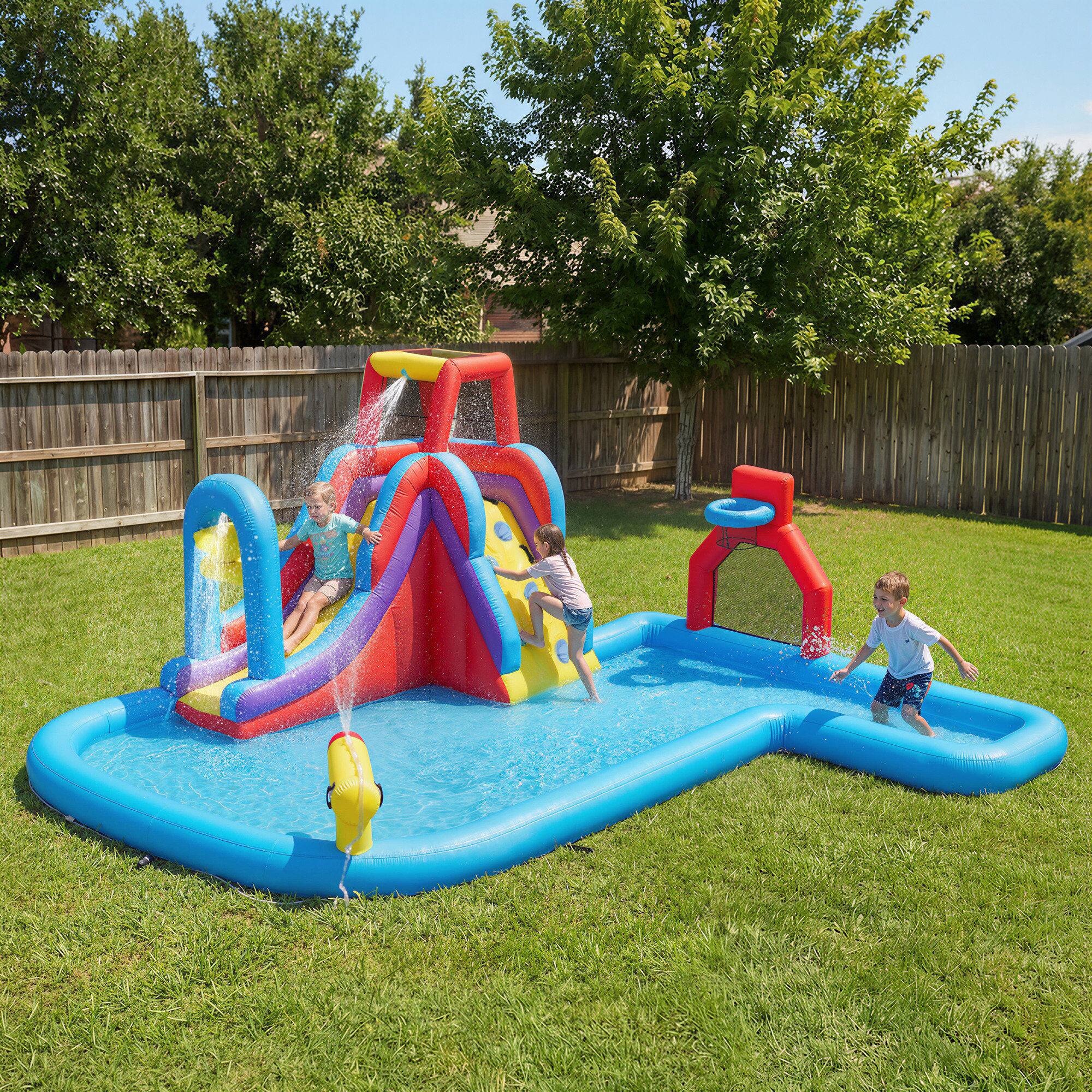 Back. Loheer - Loheer Inflatable Water Slide Bounce House Splash Pool Kids Backyard Playground Heavy Duty Oxford Cloth Blower Included.