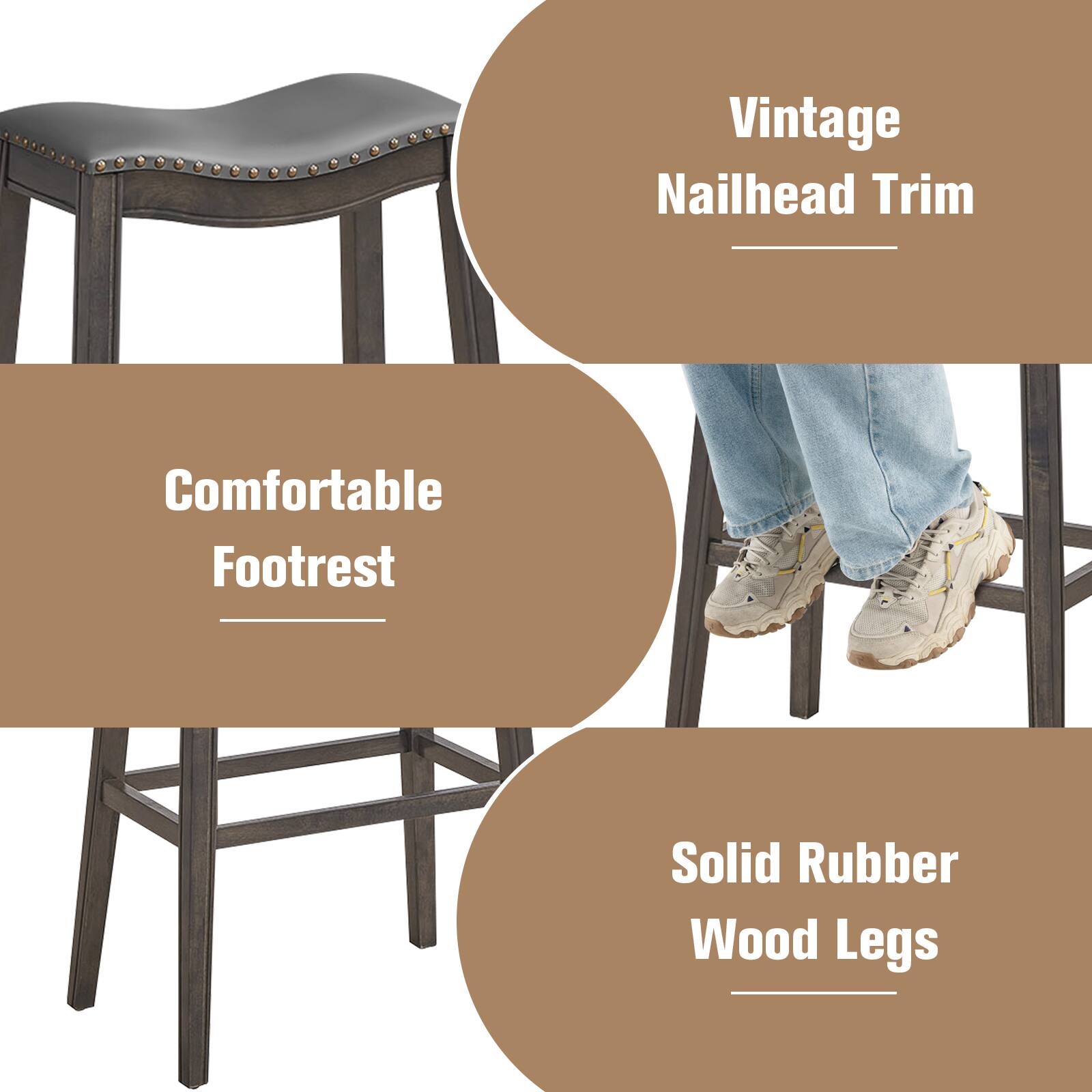 Vintage Nailhead Trim, Comfortable Footrest, Solid Rubber Wood Legs