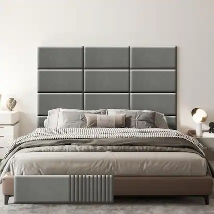 Front. wowmax - Peel & Stick Padded Headboard for King Bed - Self-Adhesive Gray Wall Panel, Easy DIY Installation (12-Pack, 23.6x11.8") - Grey.