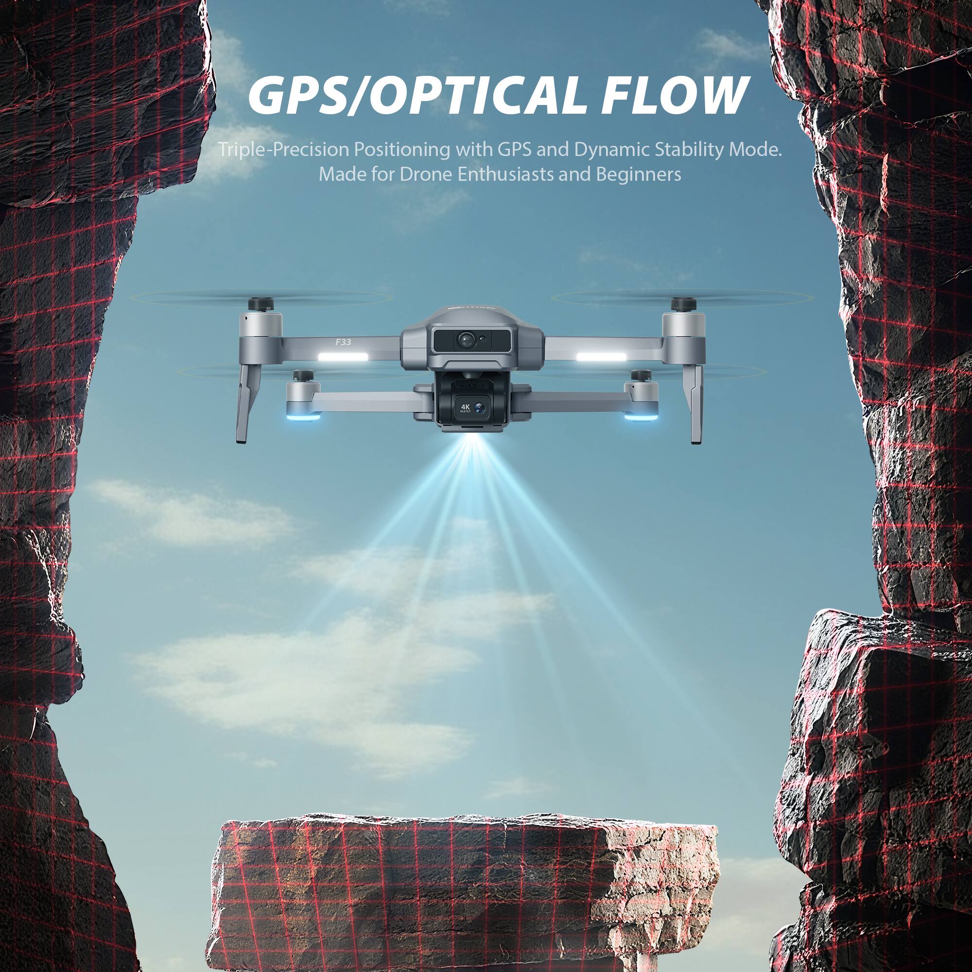 GPS/OPTICAL FLOW  
Triple-Precision Positioning with GPS and Dynamic Stability Mode.  
Made for Drone Enthusiasts and Beginners
