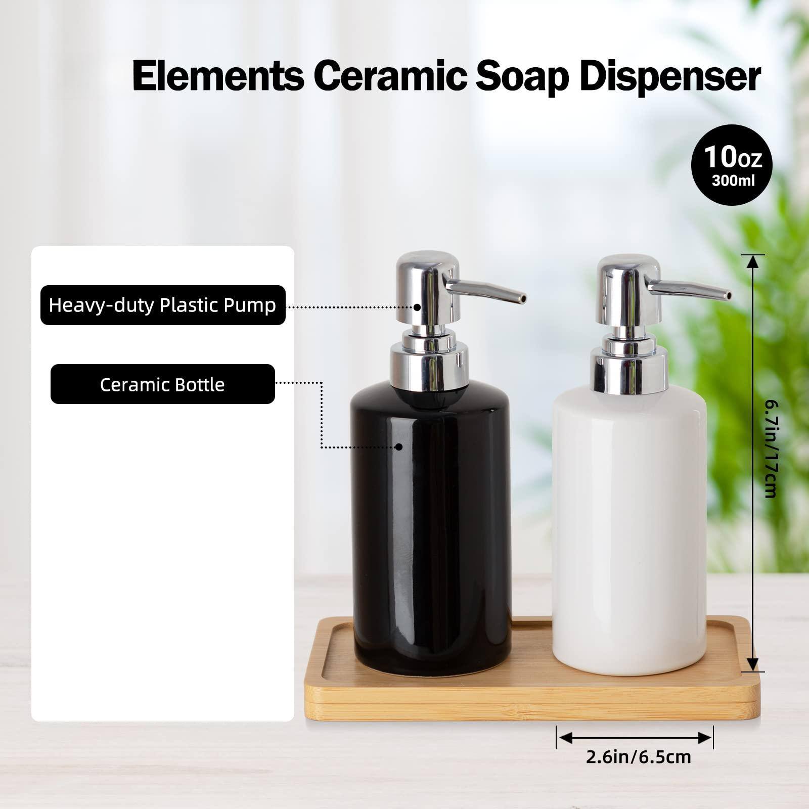 Elements Ceramic Soap Dispenser  
10oz 300ml  
Heavy-duty Plastic Pump  
Ceramic Bottle  
6.7in/17cm  
2.6in/6.5cm