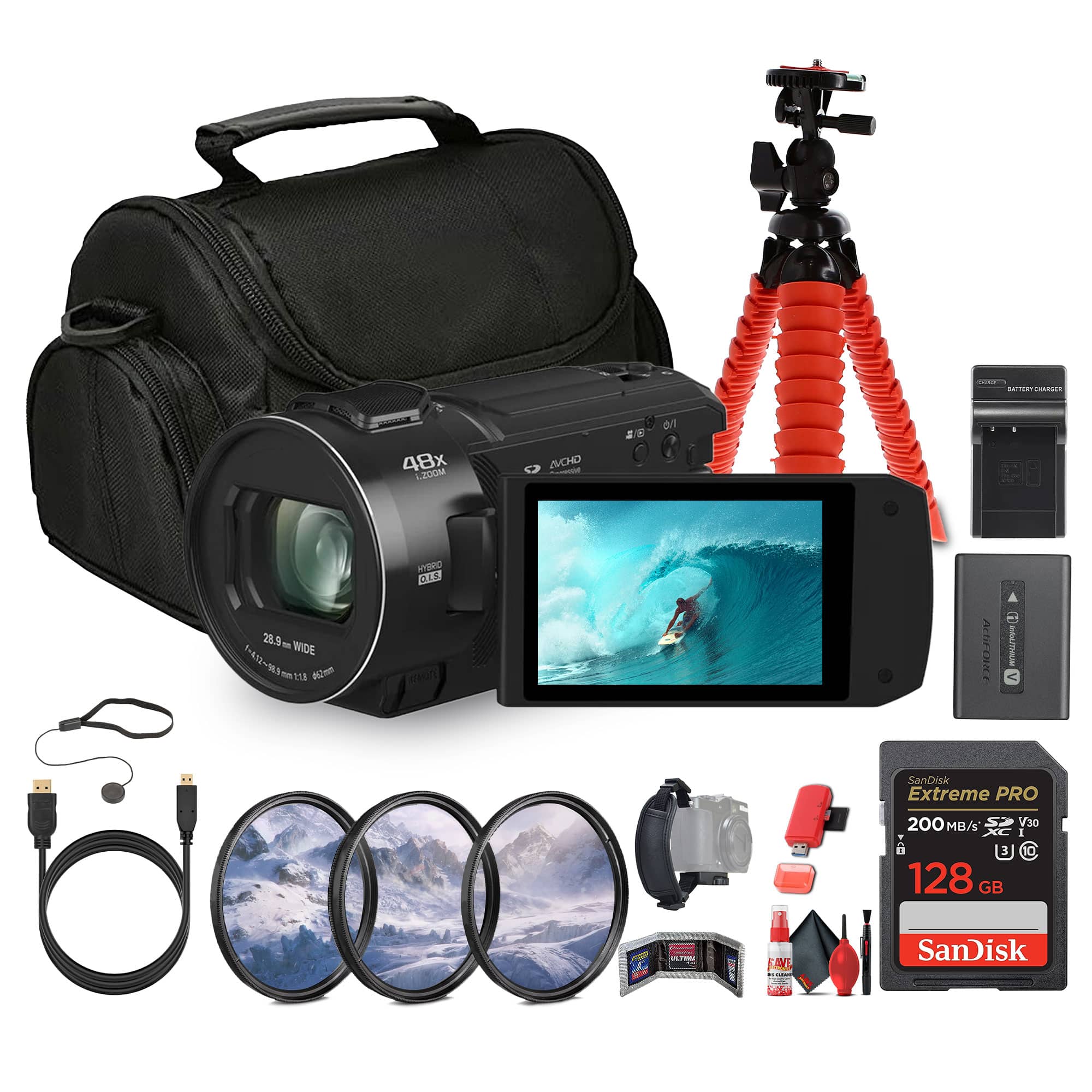 Panasonic - HC-V900 Lightweight Full HD Camcorder with 24x Zoom + 128GB Memory Card + More