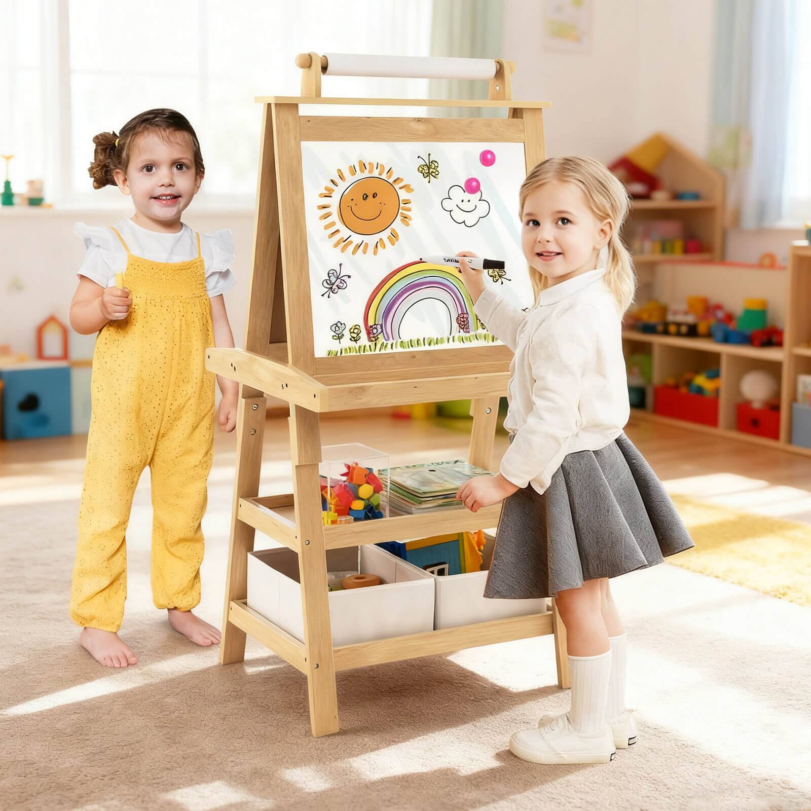 Alt View 1. Costway - Costway Kids Art Easel Double Sided Chalkboard Magnetic Whiteboard with Storage Tray - Natural.