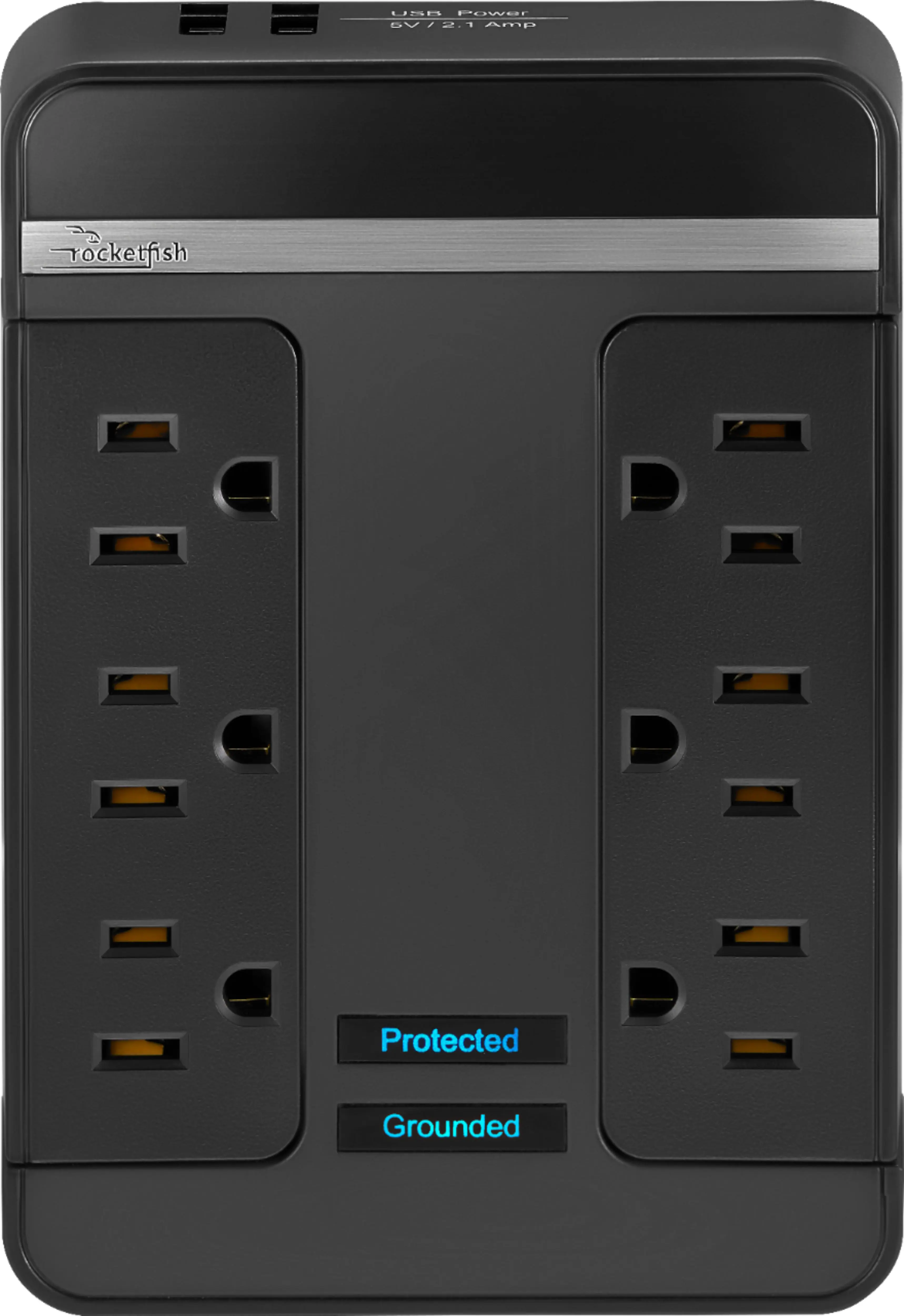 Rocketfish™ - 6 Outlet/2 USB Swivel Wall Tap 2100 Joules Surge Protector - Black