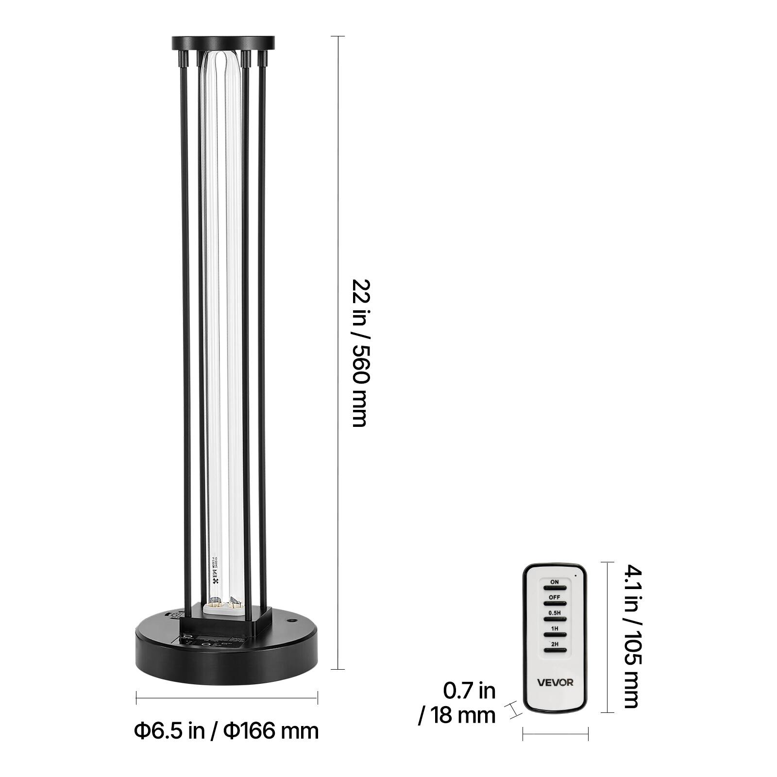 Here is the corrected and grouped text from the image:

- Height: 22 in / 560 mm
- Diameter: 6.5 in / 166 mm
- Thickness: 0.7 in / 18 mm
- Base Diameter: 6.5 in / 166 mm
- Control Box Dimensions: 4.1 in x 1.5 in / 105 mm x 38 mm
- Control Box Thickness: 0.7 in / 18 mm