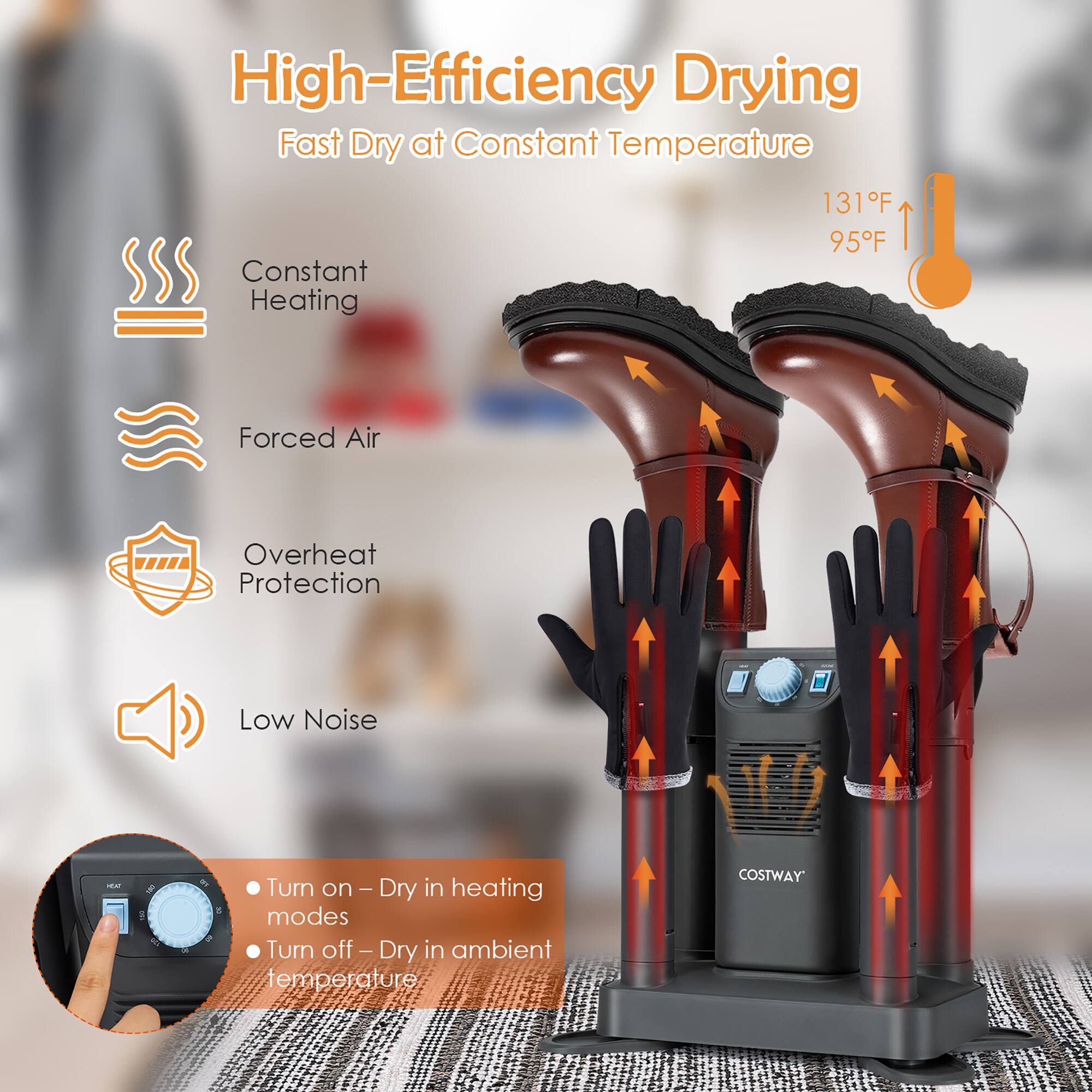 High-Efficiency Drying Fast Dry at Constant Temperature 131°F 95°F Constant Heating Forced Air Overheat Protection Low Noise - B E   Turn on - Dry in on - Dry heating & modes a Turn off eo Dry in ambient temperature COSTWAY