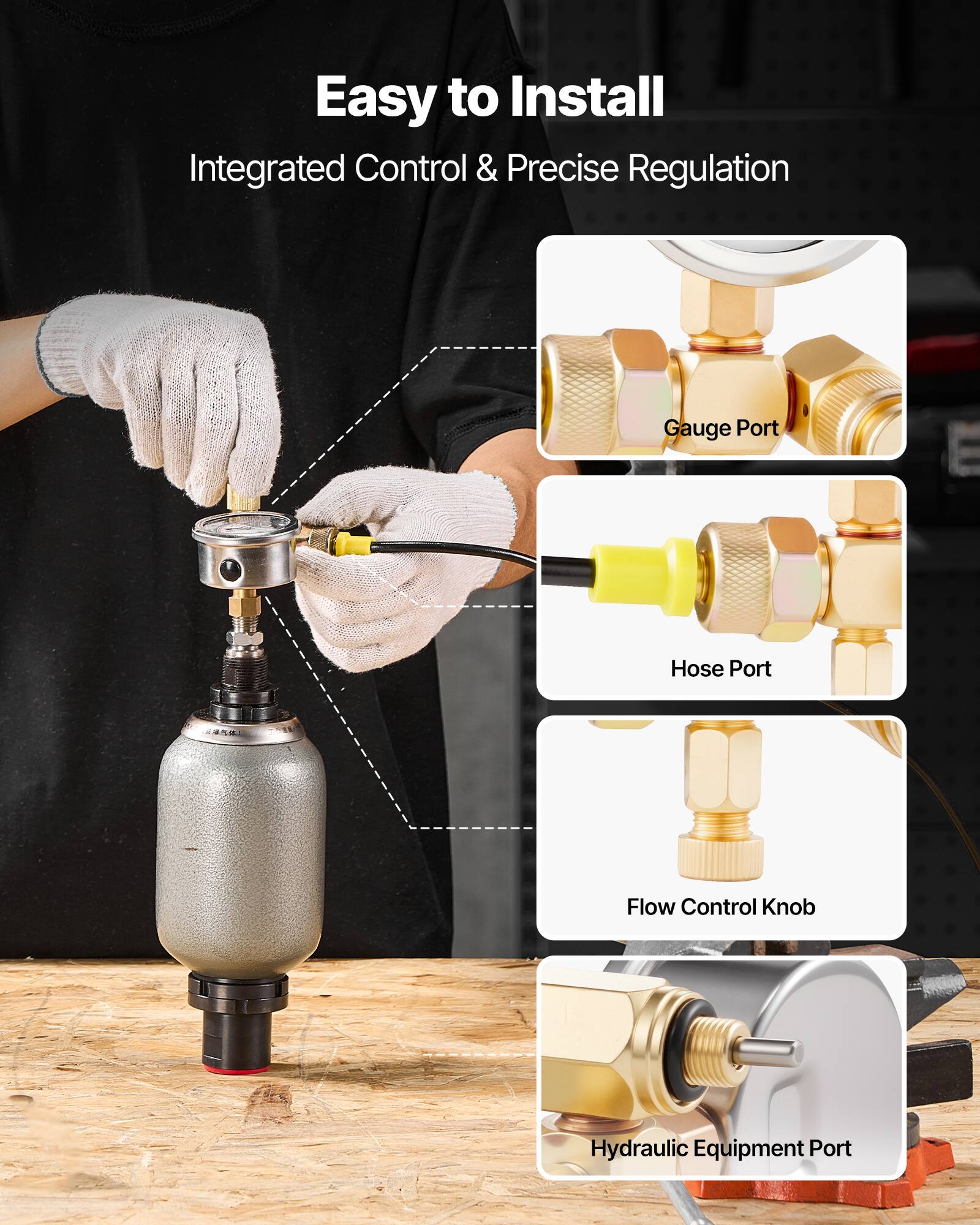 Easy to Install  
Integrated Control & Precise Regulation  

- Gauge Port  
- Hose Port  
- Flow Control Knob  
- Hydraulic Equipment Port