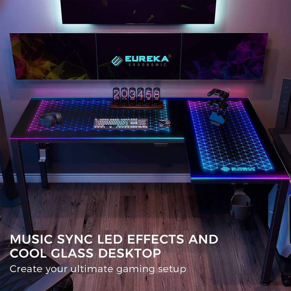 EUREKA ERGONOMIC  
203458  
MUSIC SYNC LED EFFECTS AND COOL GLASS DESKTOP  
Create your ultimate gaming setup