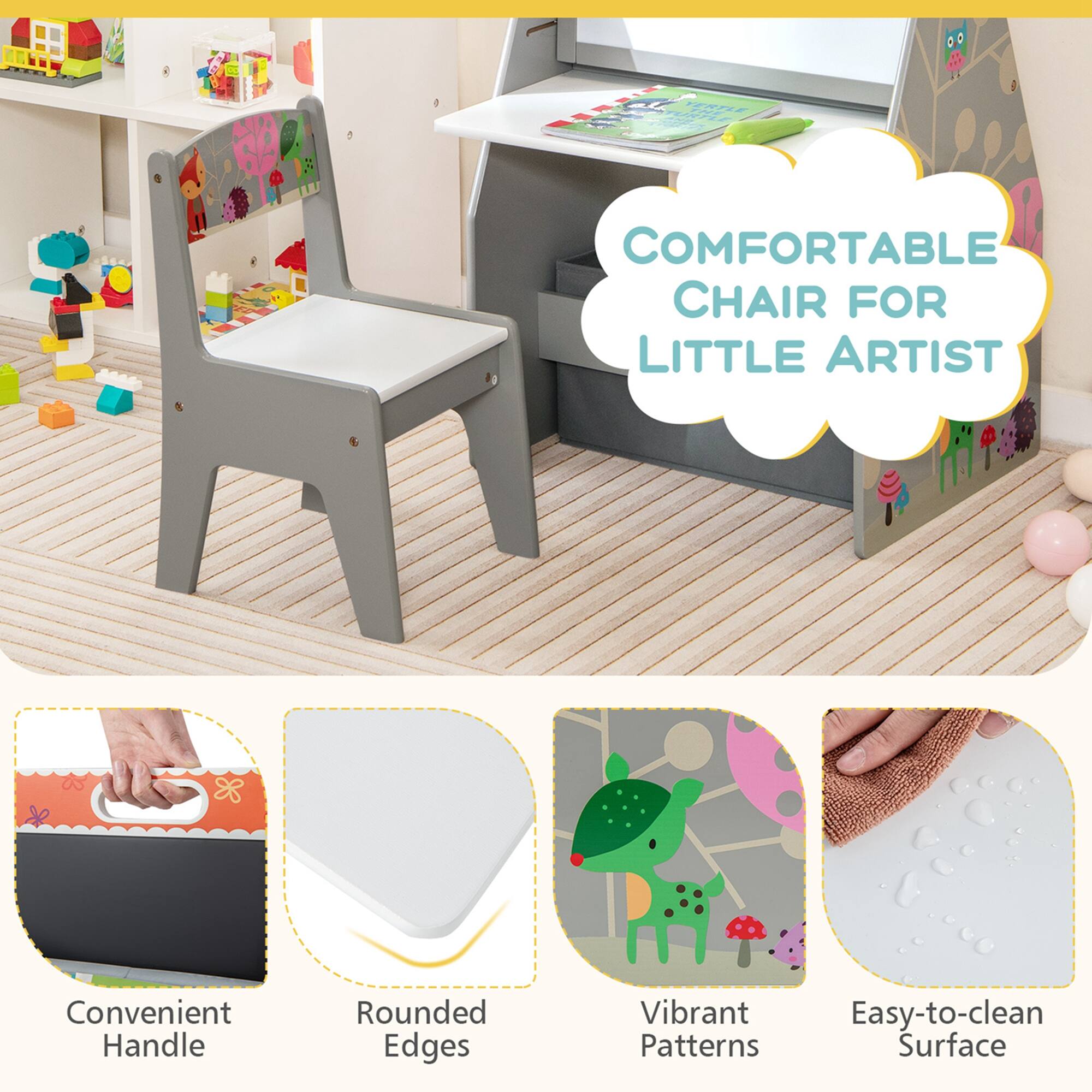 COMFORTABLE CHAIR FOR LITTLE ARTIST Convenient Handle Rounded Edges Vibrant Patterns Easy-to-clean Surface