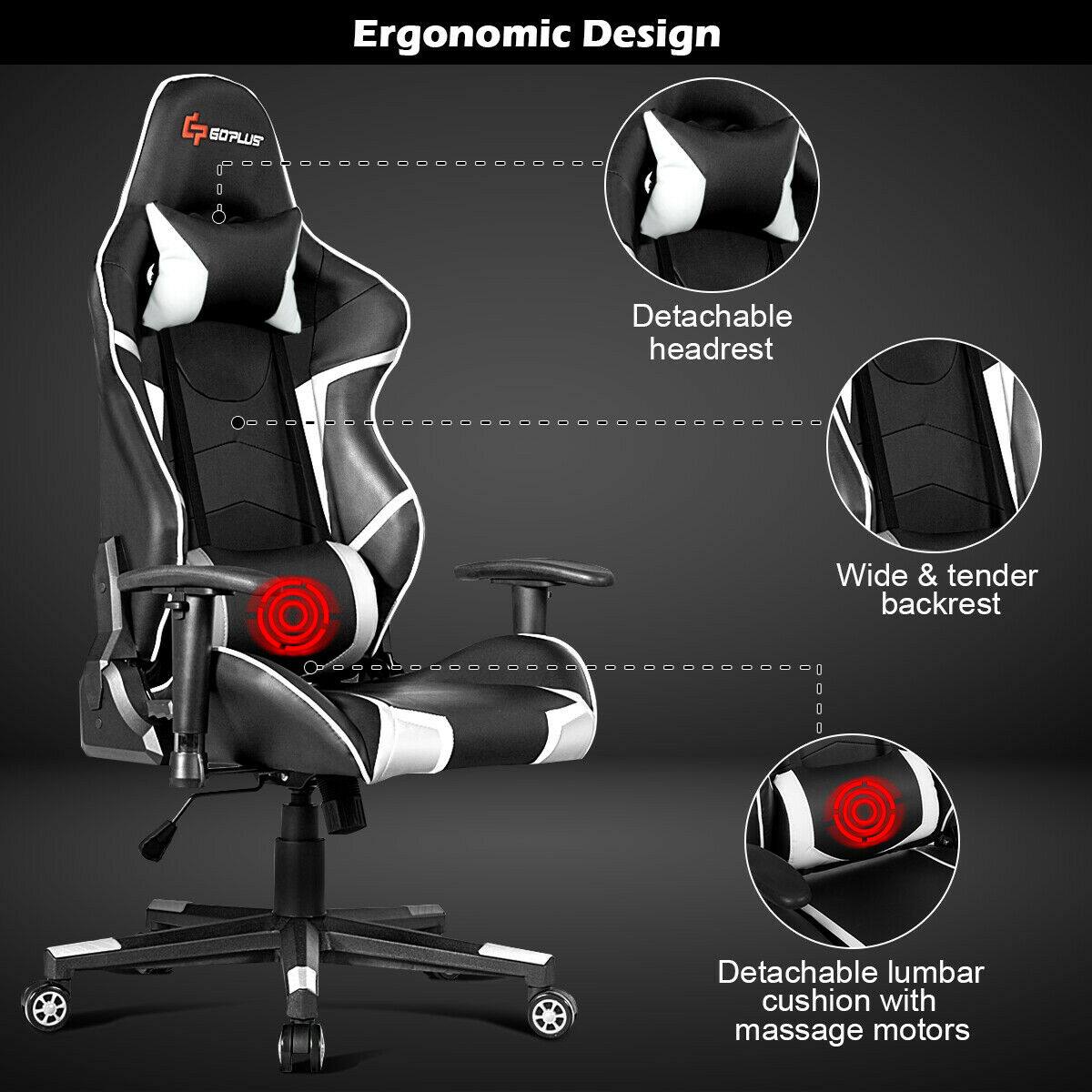 Ergonomic Design

- Detachable headrest
- Wide & tender backrest
- Detachable lumbar cushion with massage motors