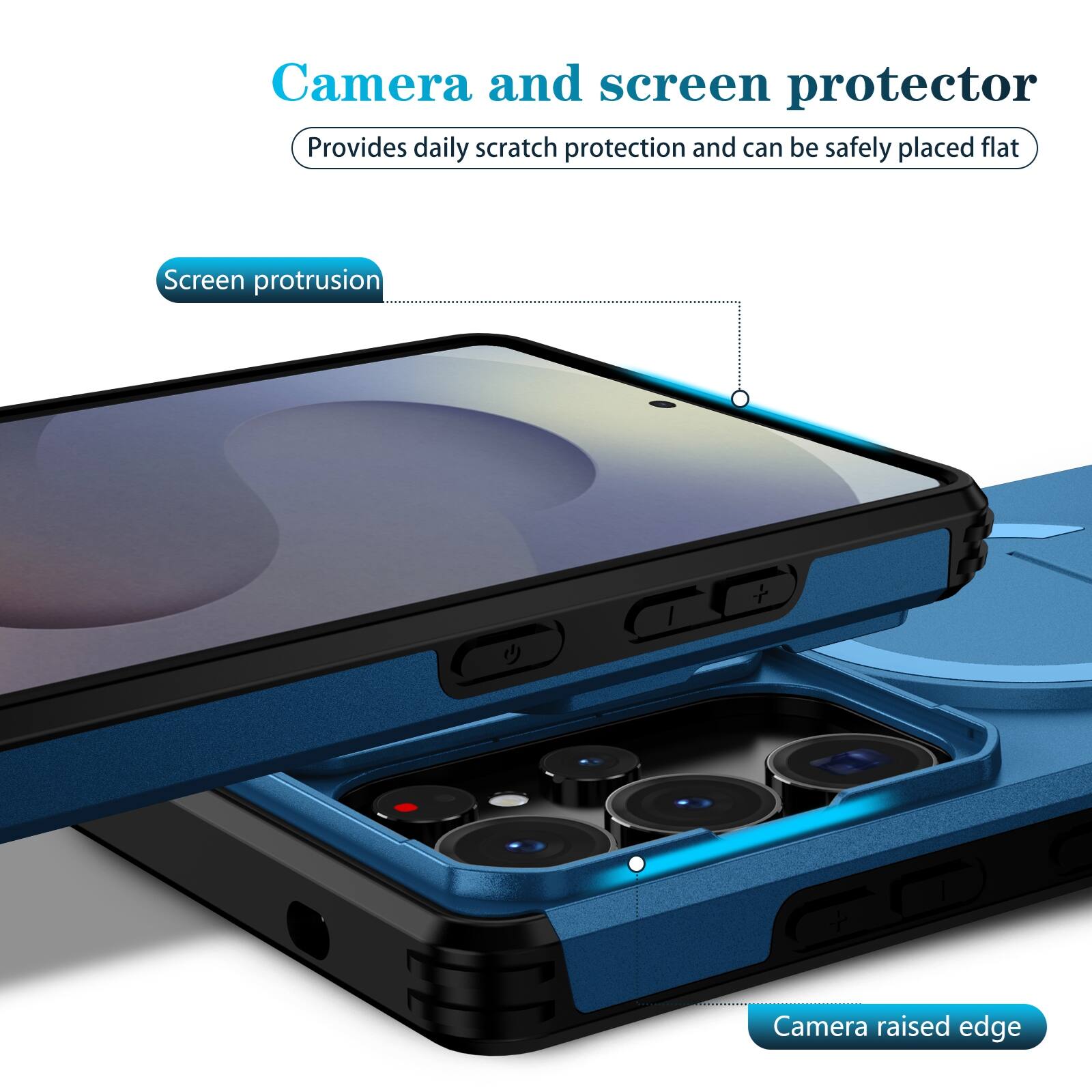 Camera and screen protector  
Provides daily scratch protection and can be safely placed flat  

Screen protrusion  
Camera raised edge