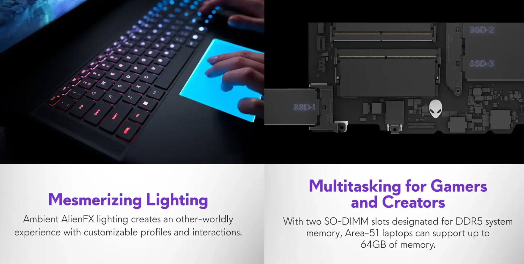 **Mesmerizing Lighting**  
Ambient AlienFX lighting creates an other-worldly experience with customizable profiles and interactions.

**Multitasking for Gamers and Creators**  
With two SO-DIMM slots designated for DDR5 system memory, Area-51 laptops can support up to 64GB of memory.